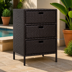 Patio PE Rattan Storage Cabinet — Wicker Pool Cabinet Organizer in a colorful realistic setting
