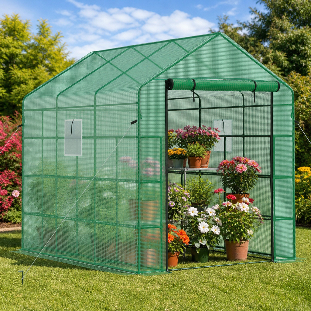 8 X 6 X 7 Temporary Greenhouse for Growing Flowers with Mesh Door & Windows Green in a colorful realistic setting