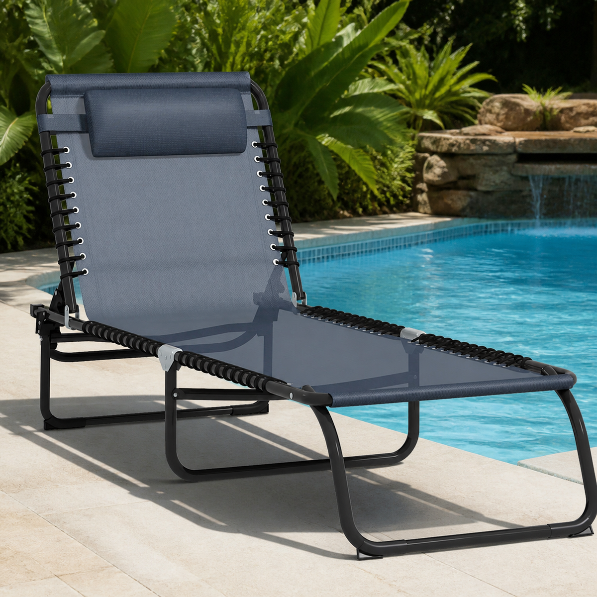 Folding Chaise Lounge Pool Chair with 4-Position Reclining Back in a colorful realistic setting