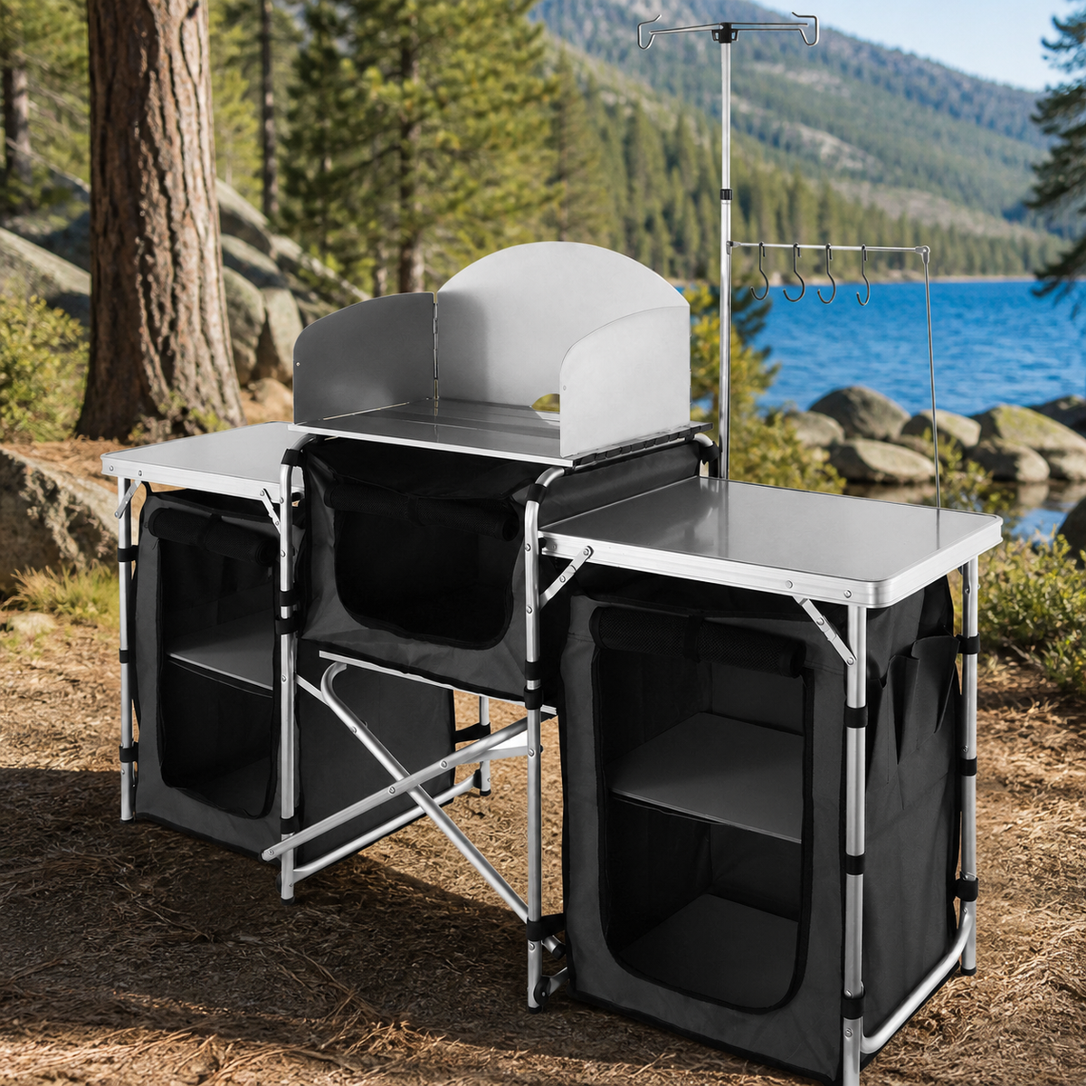 Camping Kitchen Table — Folding Outdoor Cooking Table with Storage Carrying Bag in a colorful realistic setting