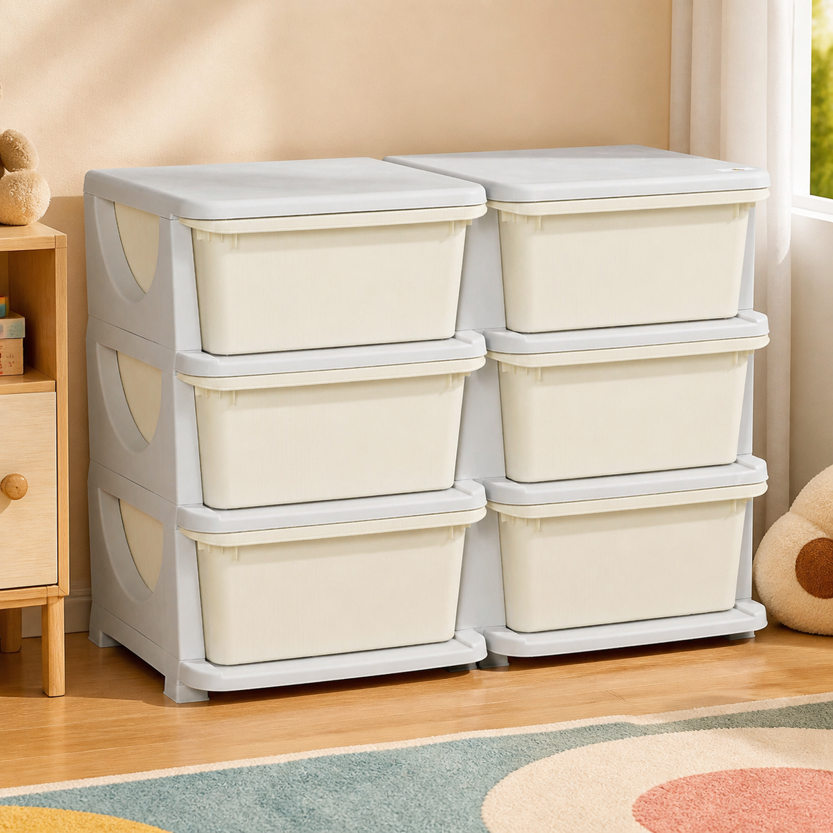 3 Tier Kids Storage Unit — Cream White in a colorful realistic setting