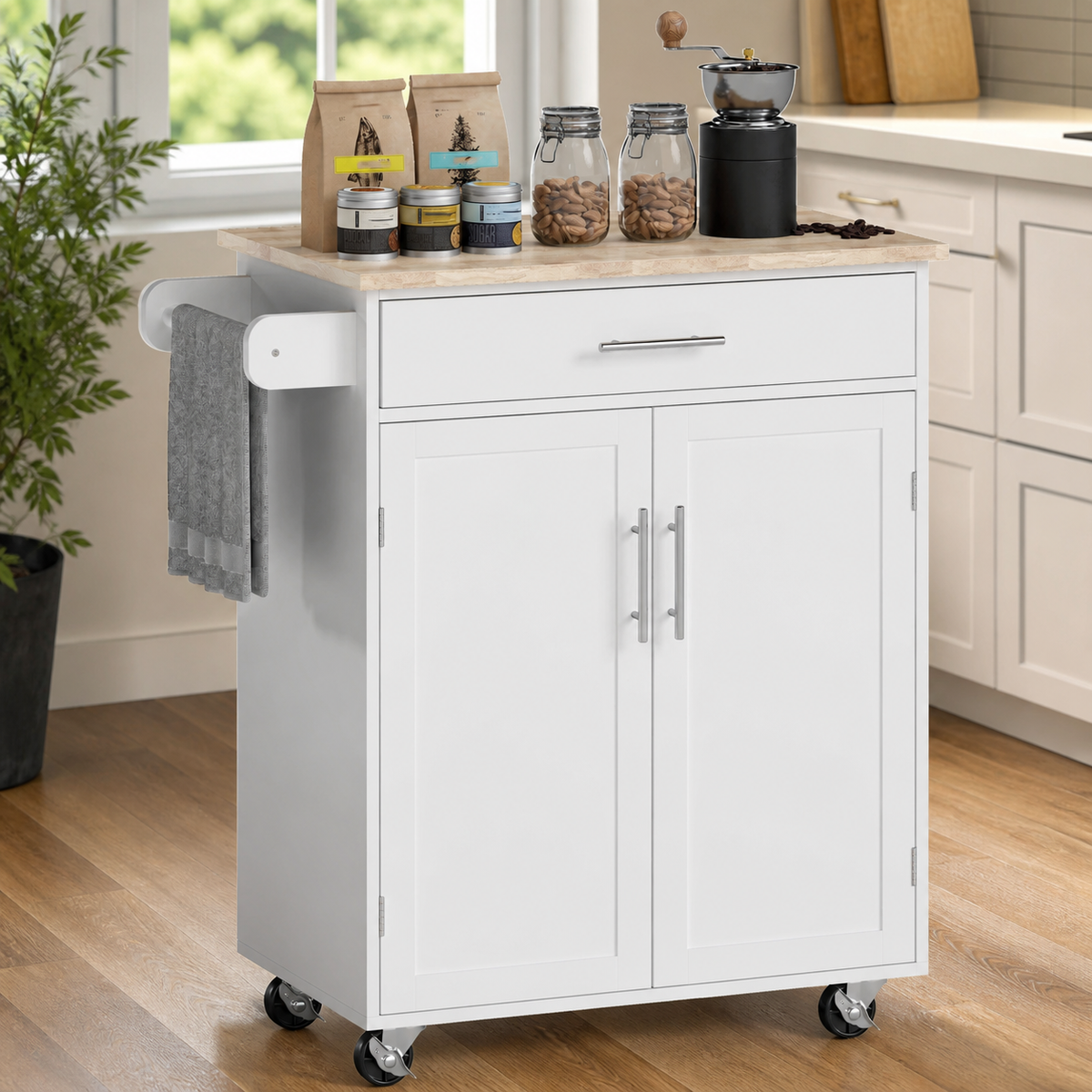 Kitchen Island Cart — Rolling Island Table with Solid Wood Top in a colorful realistic setting