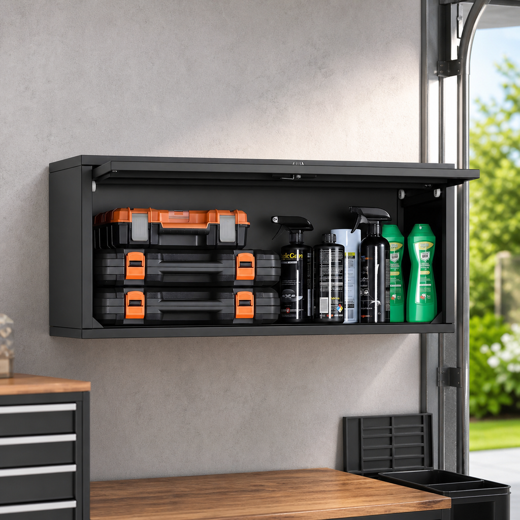Metal Wall Cabinet — 27.56w X 12.01d X 14.02h Inch in a colorful realistic setting