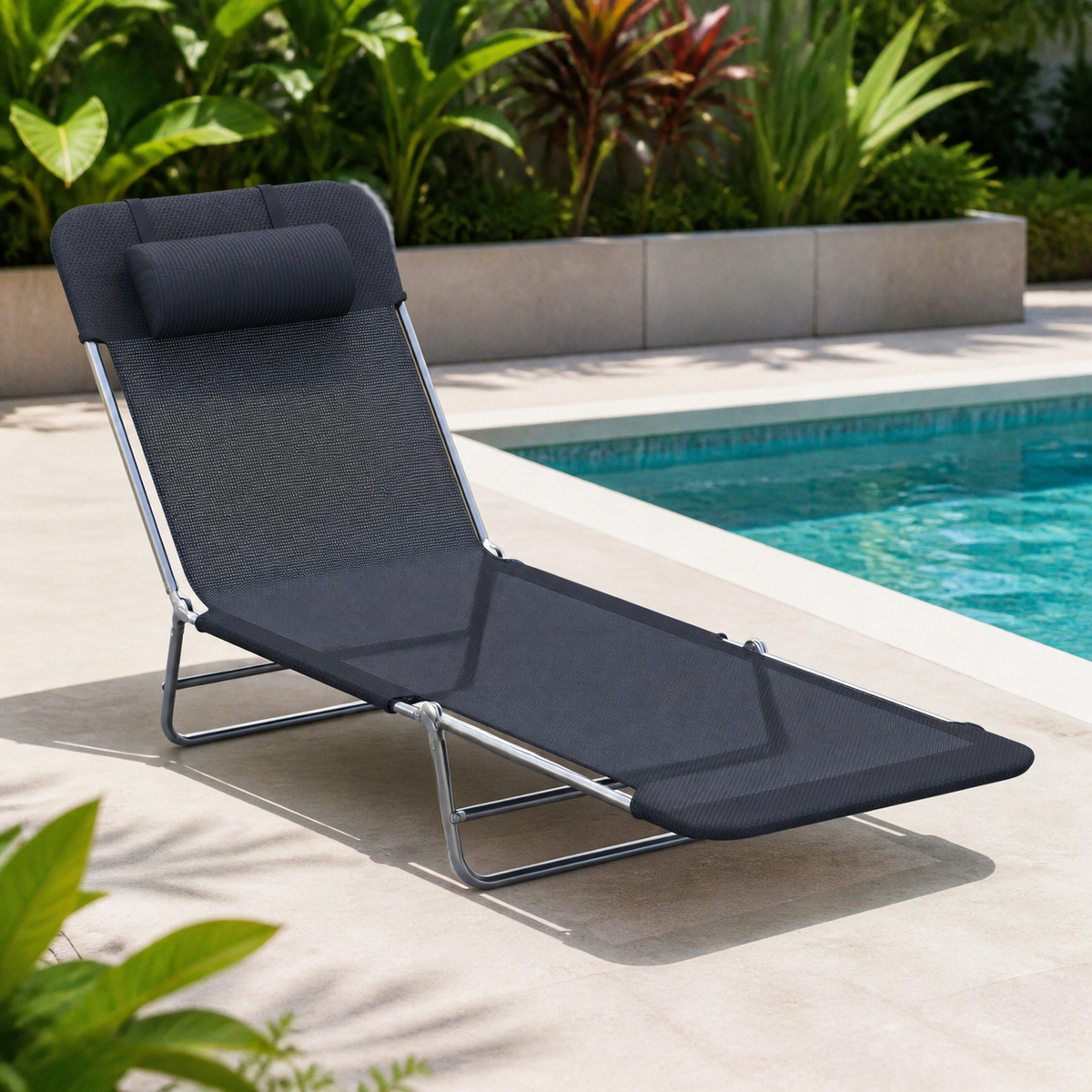 Folding Chaise Lounge Pool Chairs — Outdoor Sun Tanning Chairs with Pillow in a colorful realistic setting
