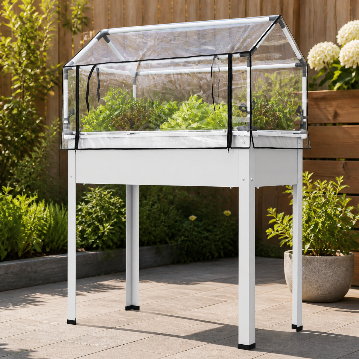 Elevated Garden Box with Greenhouse Cover in a colorful realistic setting