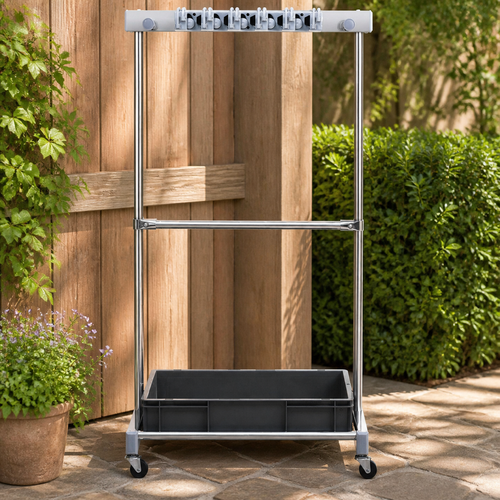 Garden Tool Organizer — 10 Slots with Hooks in a colorful realistic setting