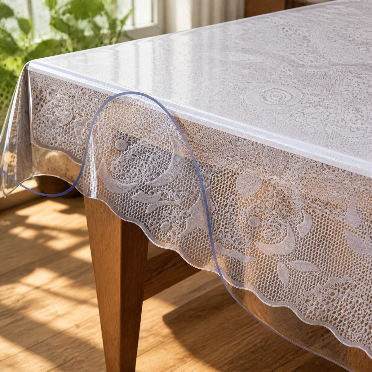 Plastic Table Cover 42 X 78 Inch — 1.5 Mm Thick Clear Table Protector in a colorful realistic setting