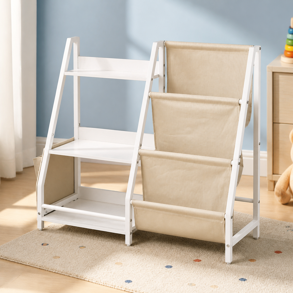 3-Tier Kids Bookshelf — Toy Storage Organizer for Toddler in a colorful realistic setting