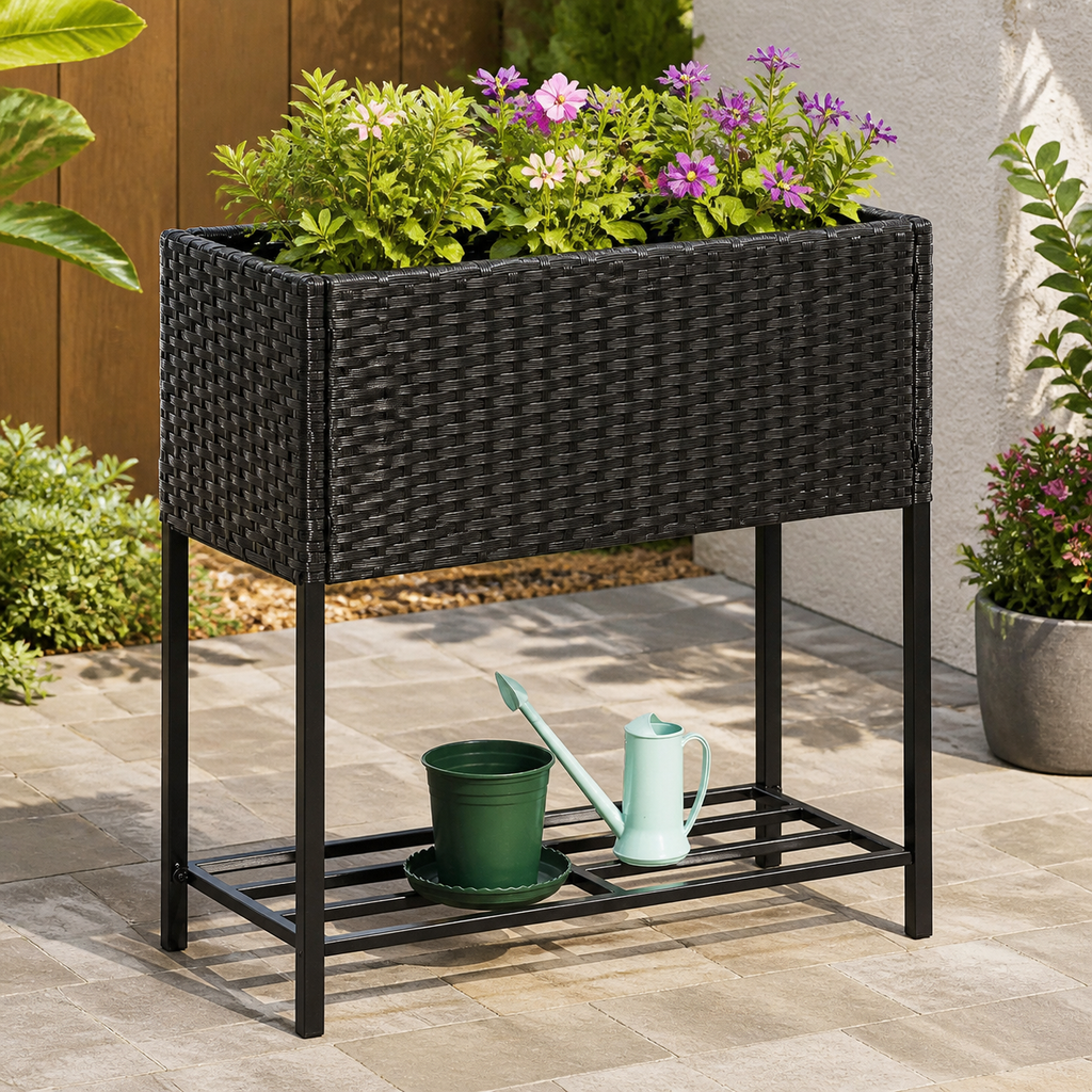 PE Rattan Wicker Raised Flower & Vegetable Planter — Rack Shelf Box in a colorful realistic setting