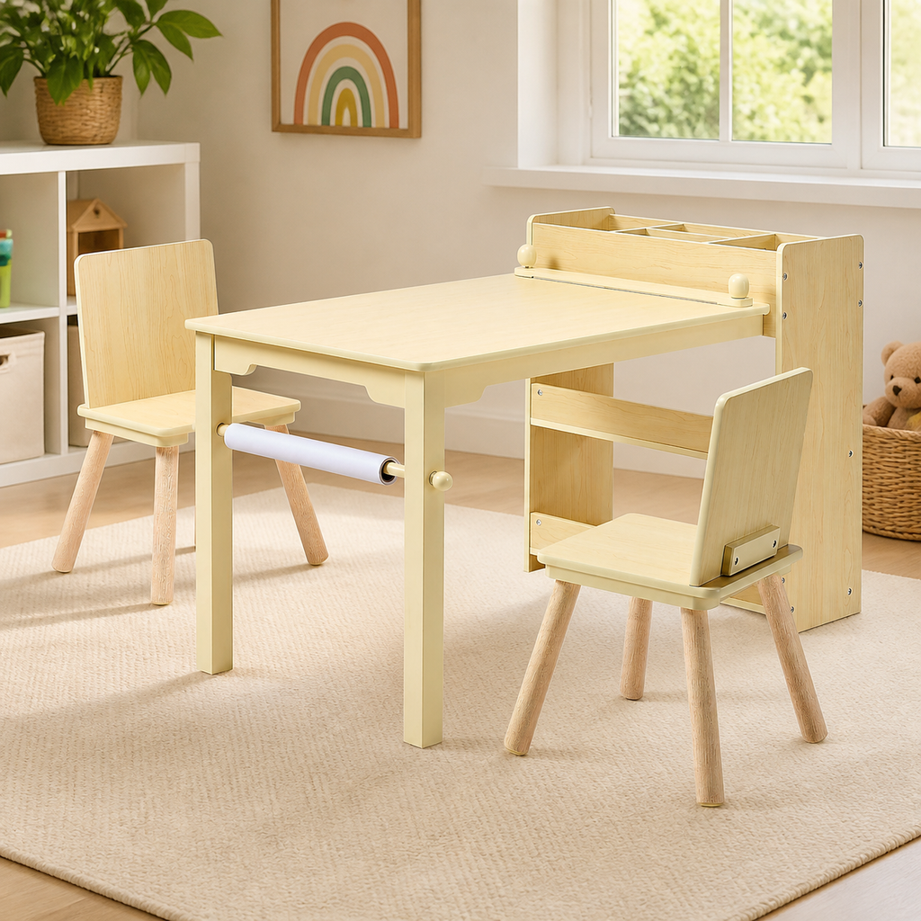 Kids Art Table and Chair Set — Toddler Craft Table with 3 Tiers Storage Cabinet in a colorful realistic setting