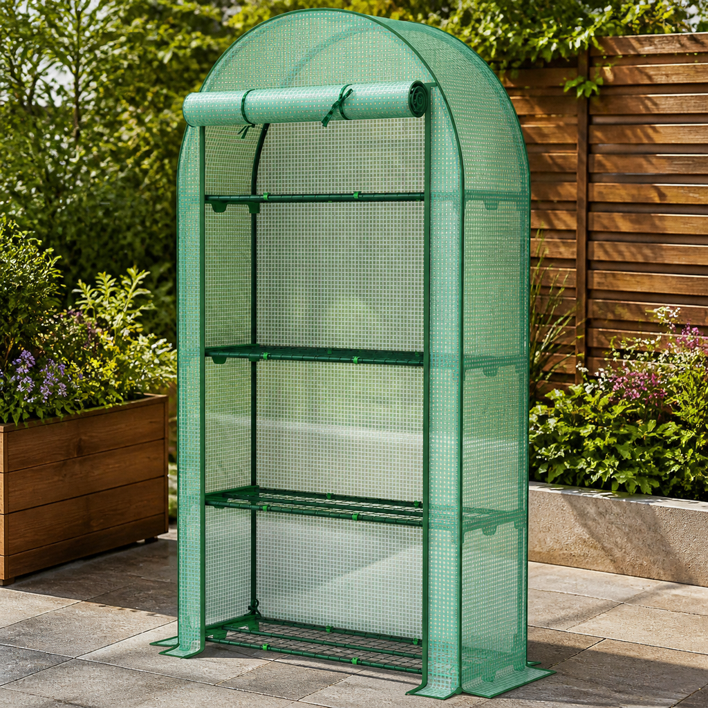 Mini Greenhouse — Portable Greenhouse with 4 Tier Shelves in a colorful realistic setting