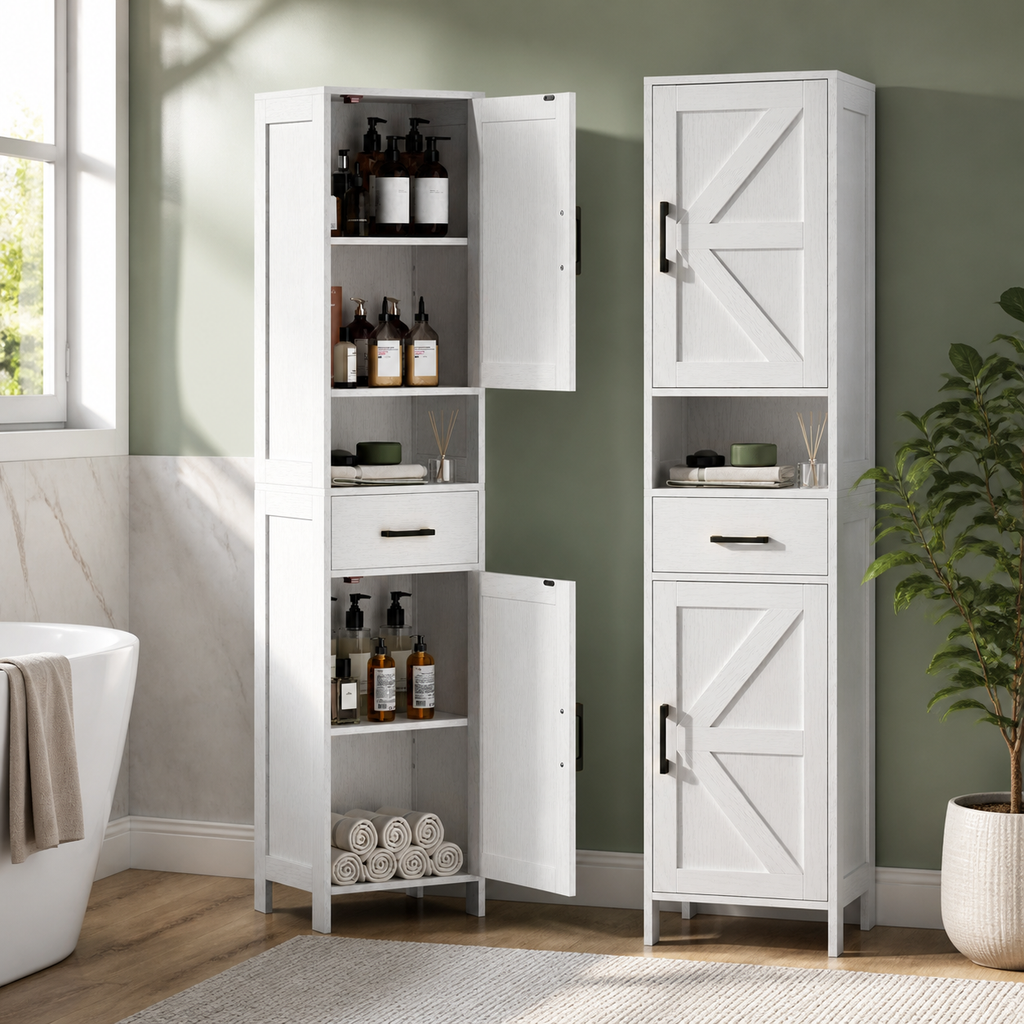 Tall Narrow Storage Cabinet — 2 Barn Doors with Drawer in a colorful realistic setting