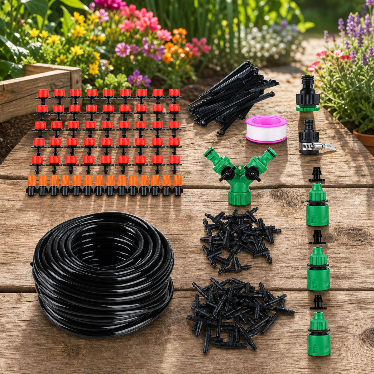 164ft Drip Irrigation Kit Automatic Garden Irrigation System Misting Plant Watering in a colorful realistic setting