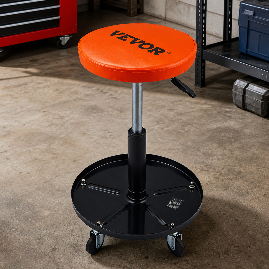 Adjustable Mechanics Rolling Creeper Seat Stool Tool Tray for Shop Garage in a colorful realistic setting
