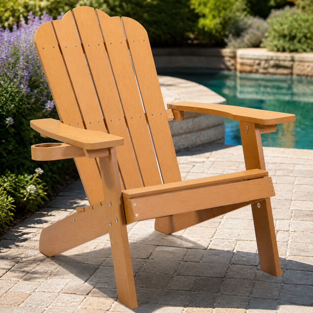Tale Adirondack Chair Backyard Outdoor Furniture Painted Seating with Cup Holder in a colorful realistic setting