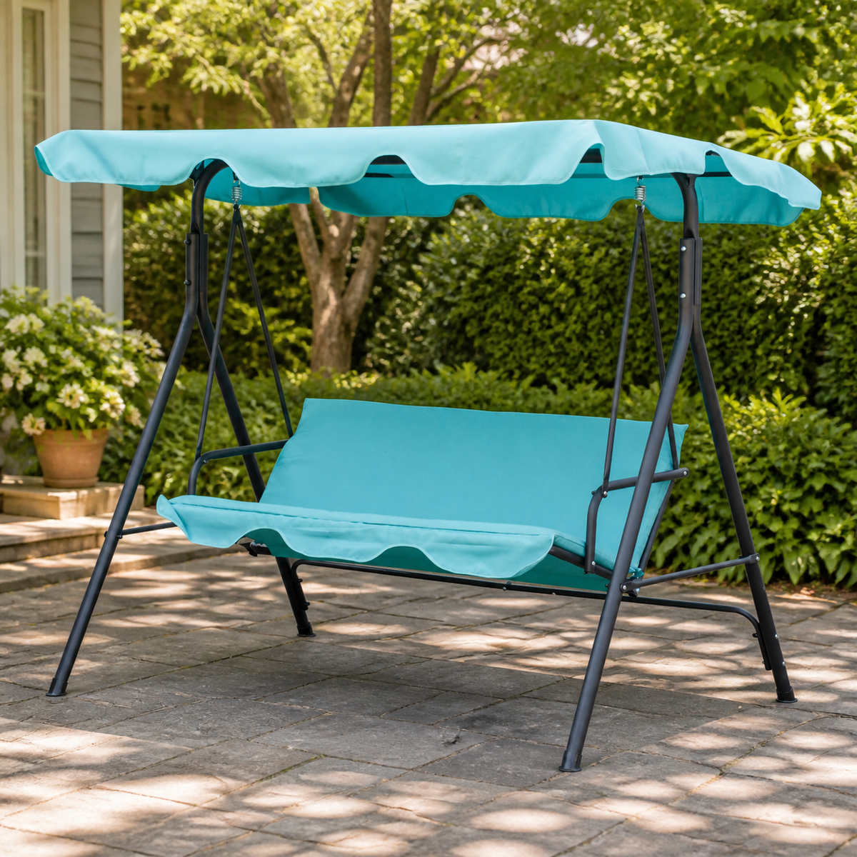 3-Seat Outdoor Patio Swing Chair with Removable Cushion in a colorful realistic setting