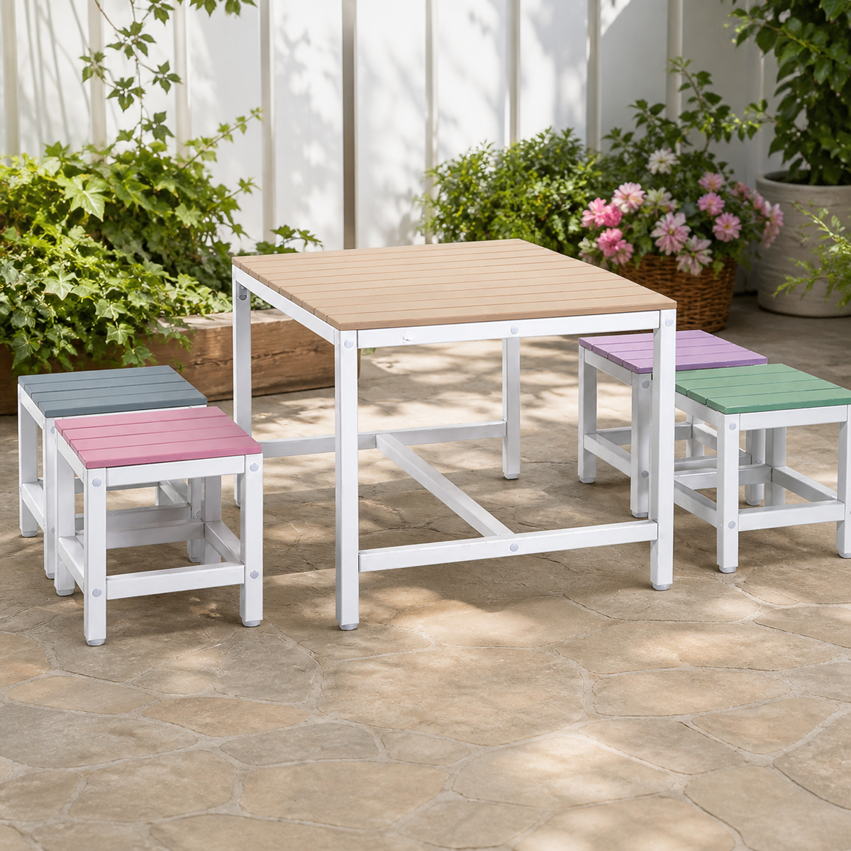 5-Piece Children's Patio Table and Chair Set in a colorful realistic setting