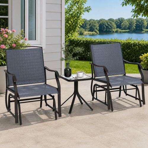 3 Piece Outdoor Glider Chair with Coffee Table Bistro Set in a colorful realistic setting