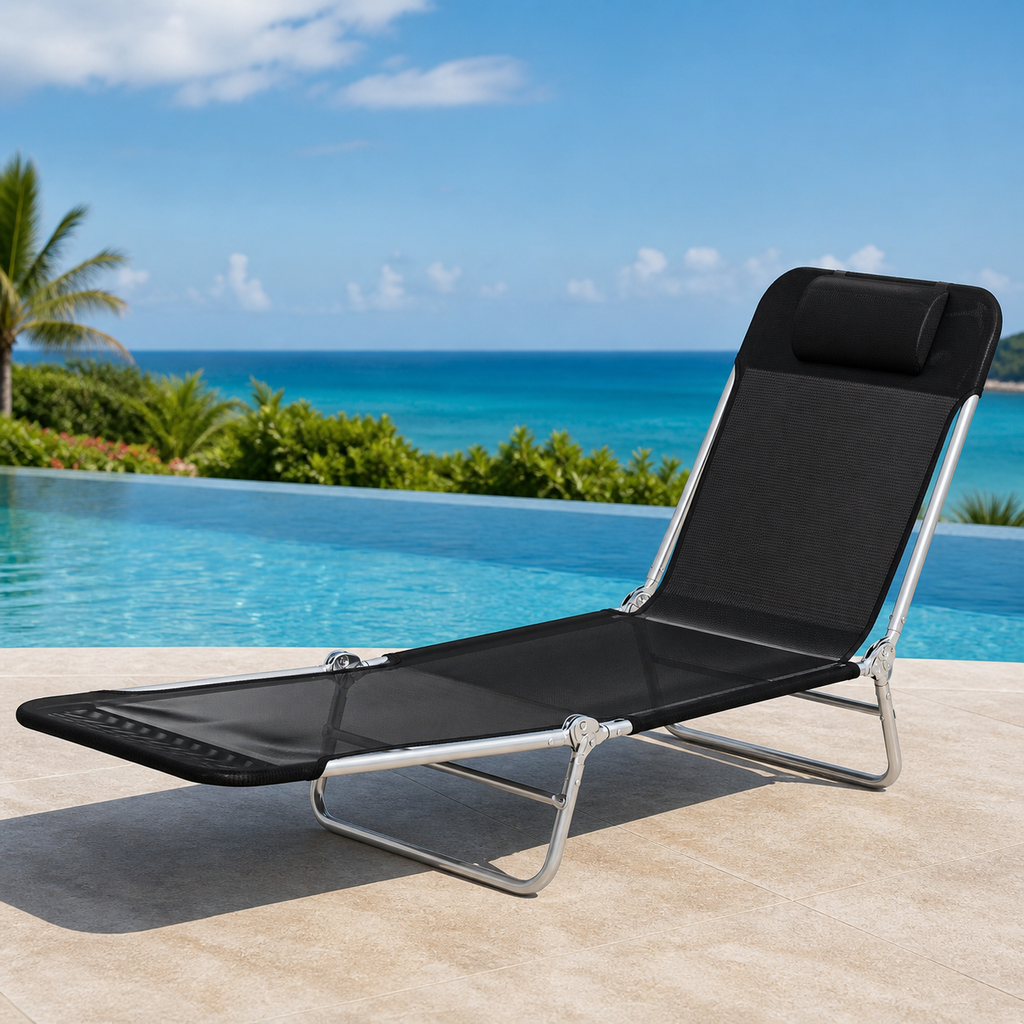Folding Chaise Lounge Chair — Portable Tanning Chair with Adjustable Backrest in a colorful realistic setting