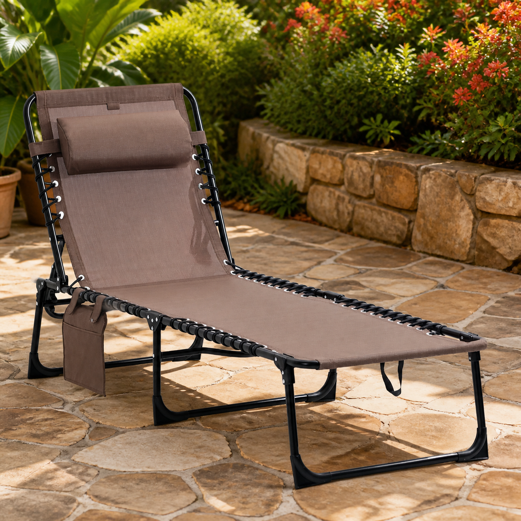 Chaise Lounge Chair Outdoor — Folding Bed Cot with Removable Pillow for Garden in a colorful realistic setting