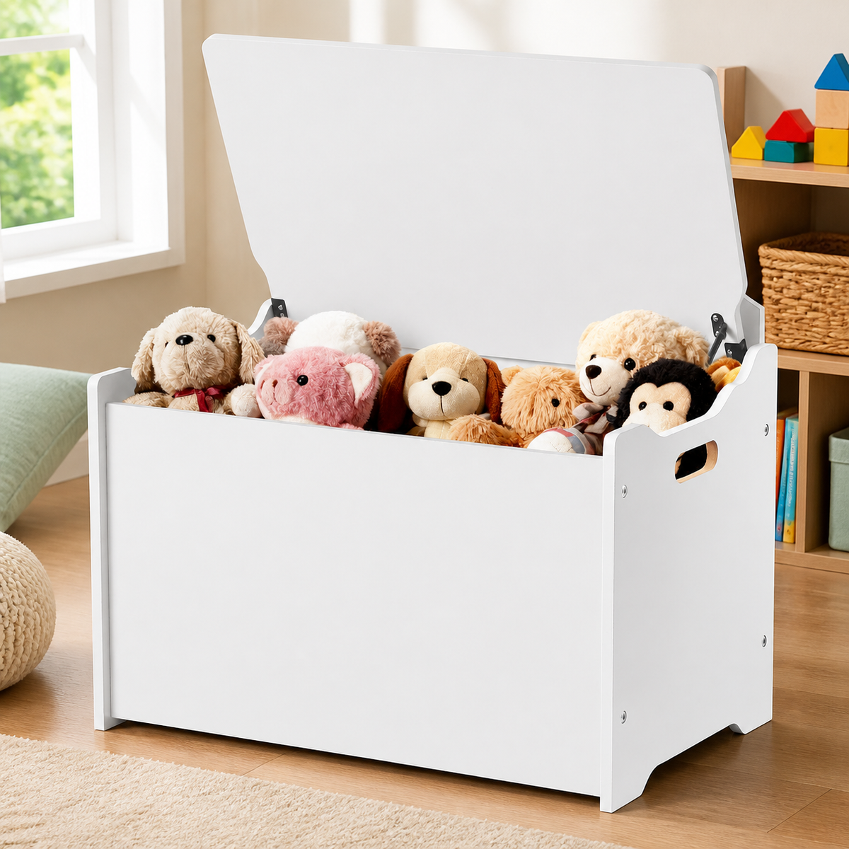 Kids Storage Bench — Wooden Toy Box Chest with Backrest in a colorful realistic setting