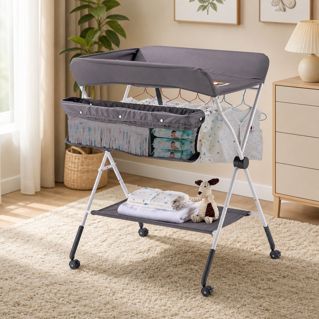 Baby Changing Table — Foldable Diaper Change Station with Side Basket in a colorful realistic setting