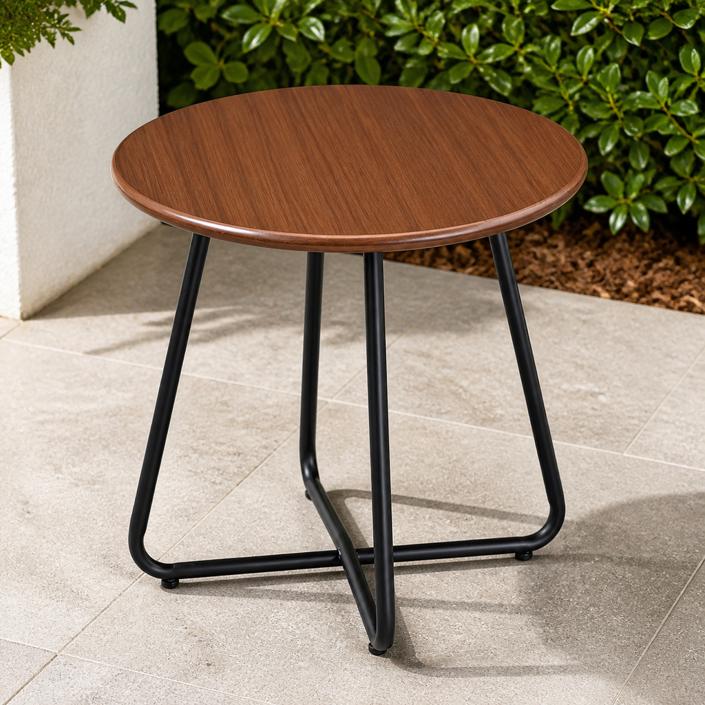 Outdoor Side Table with Imitation Wood Tabletop — Weather Resistant Patio Side Table in a colorful realistic setting