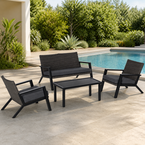 4 Piece Patio Furniture Set — 2 PE Wicker Chairs in a colorful realistic setting