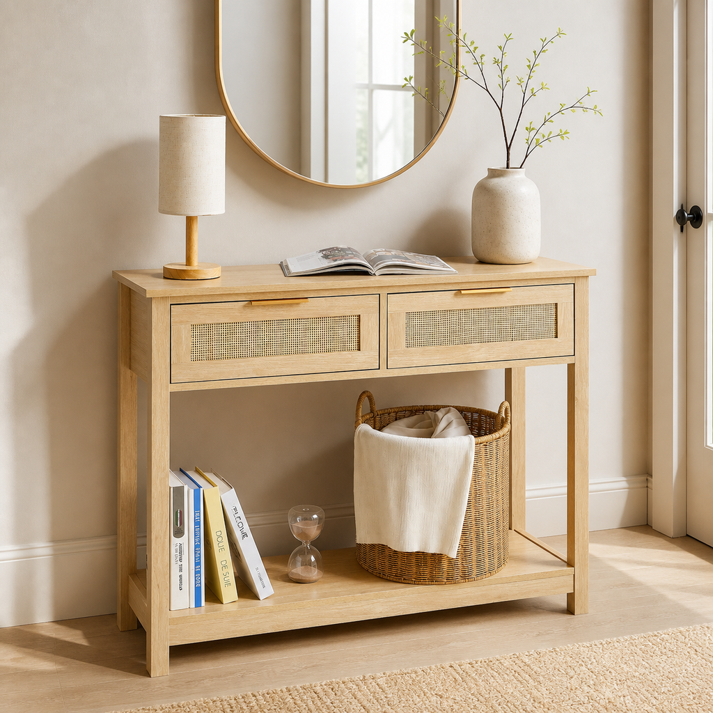 Rattan Console Table with 2 Storage Drawers — styled lifestyle image