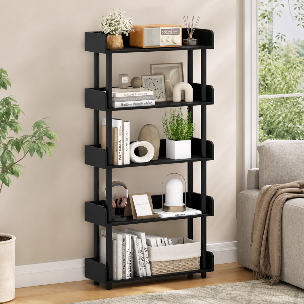 5-Tier Anti-Tipping Open Bookcase with Elevated Legs in a colorful realistic setting