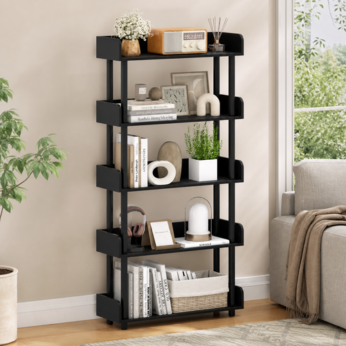 5-Tier Anti-Tipping Open Bookcase with Elevated Legs in a colorful realistic setting
