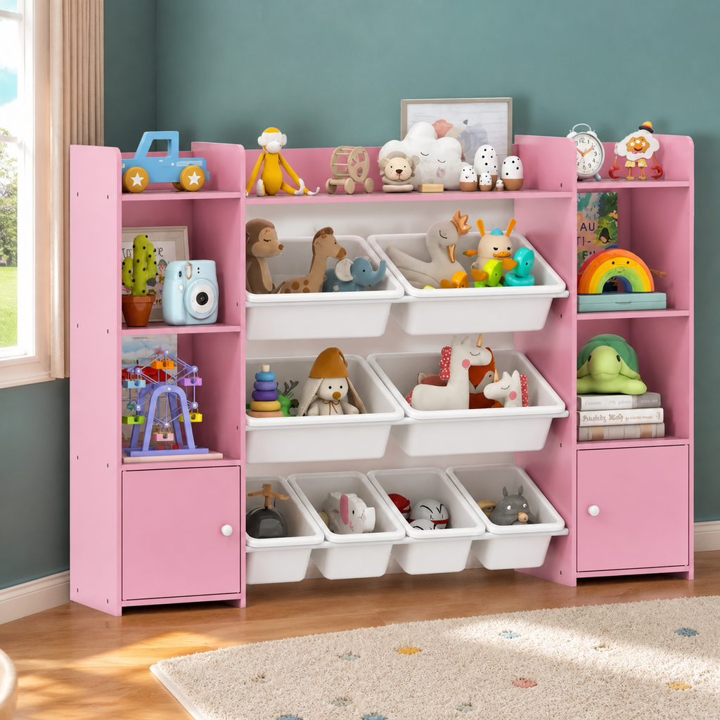 Pink Multi-Functional Kids Storage Shelf - Toy Organizer+bookcase in a colorful realistic setting