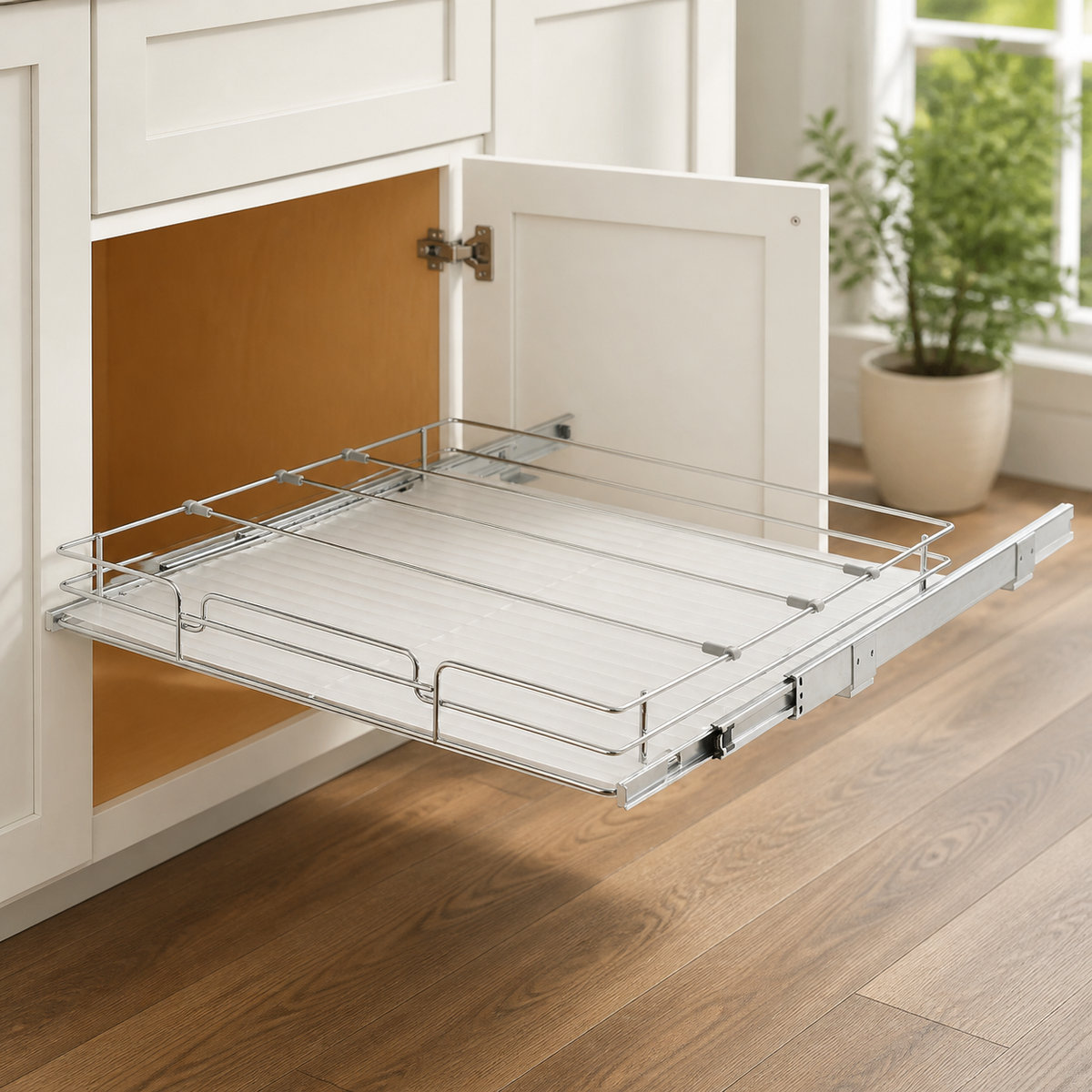 20 x 21-Inch Heavy-Duty Pull-Out Cabinet Organizer in a colorful realistic setting
