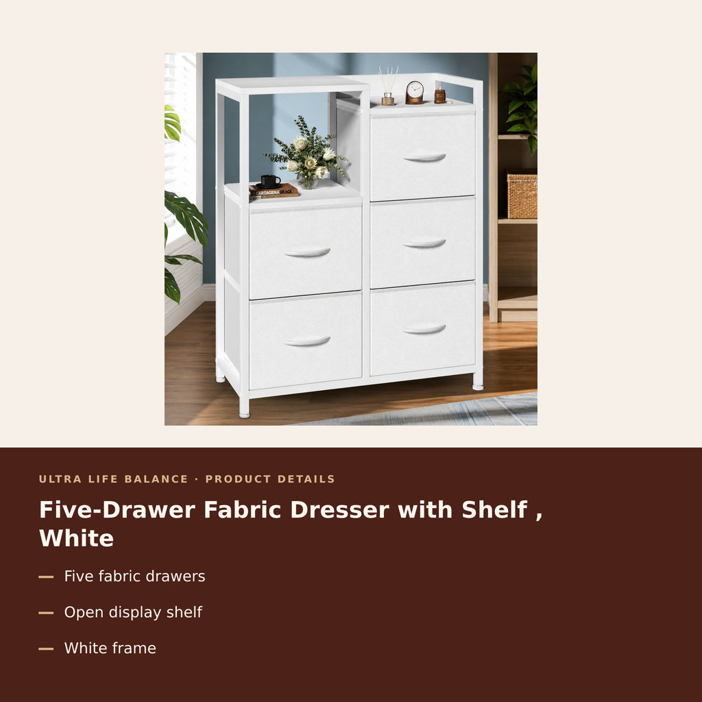 Five-Drawer Fabric Dresser with Shelf , White product details