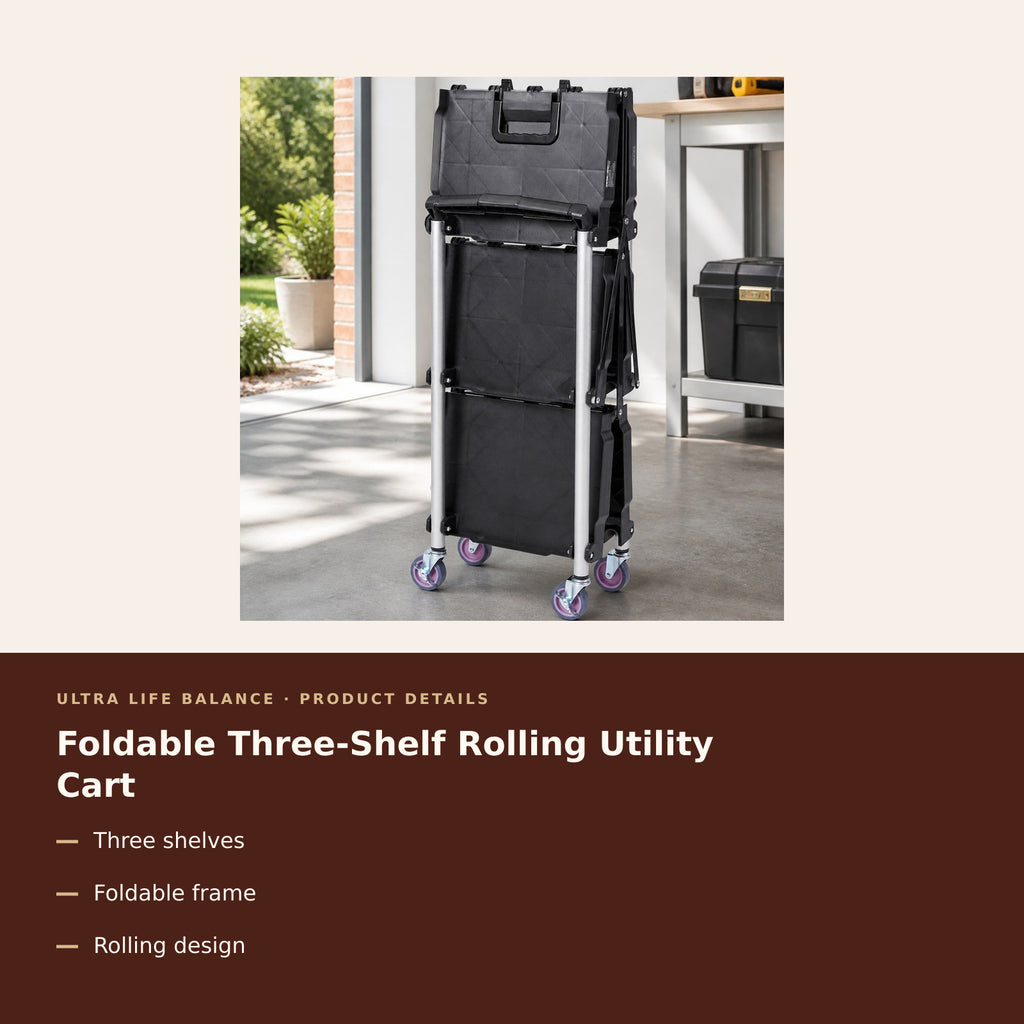 Foldable Three-Shelf Rolling Utility Cart product details