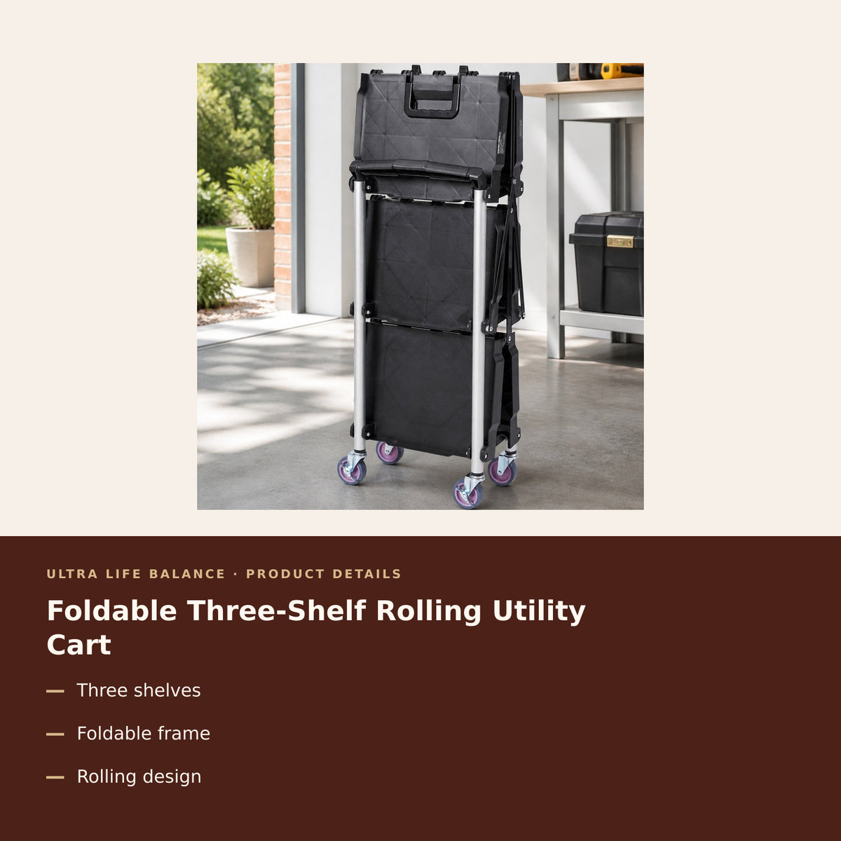 Foldable Three-Shelf Rolling Utility Cart product details