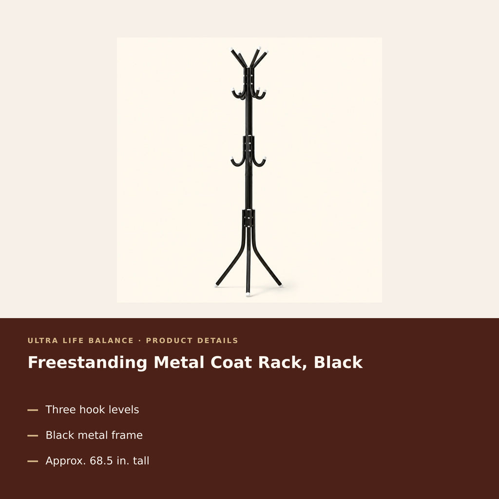 Freestanding Coat Rack with Storage Shelves , Black product details
