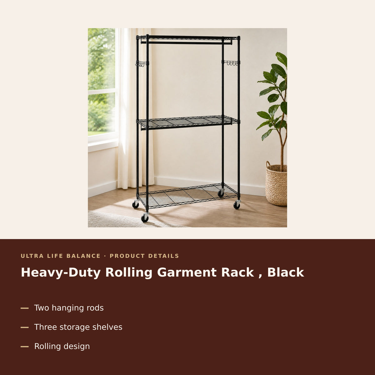 Heavy-Duty Rolling Garment Rack , Black product details