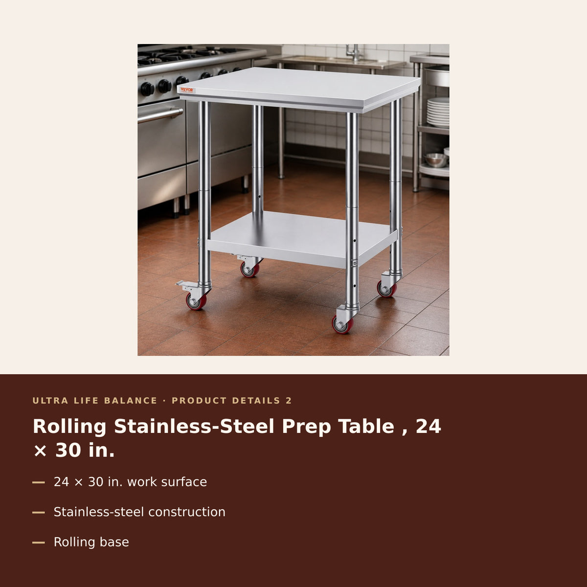 Rolling Stainless-Steel Prep Table , 24 × 30 in. product details