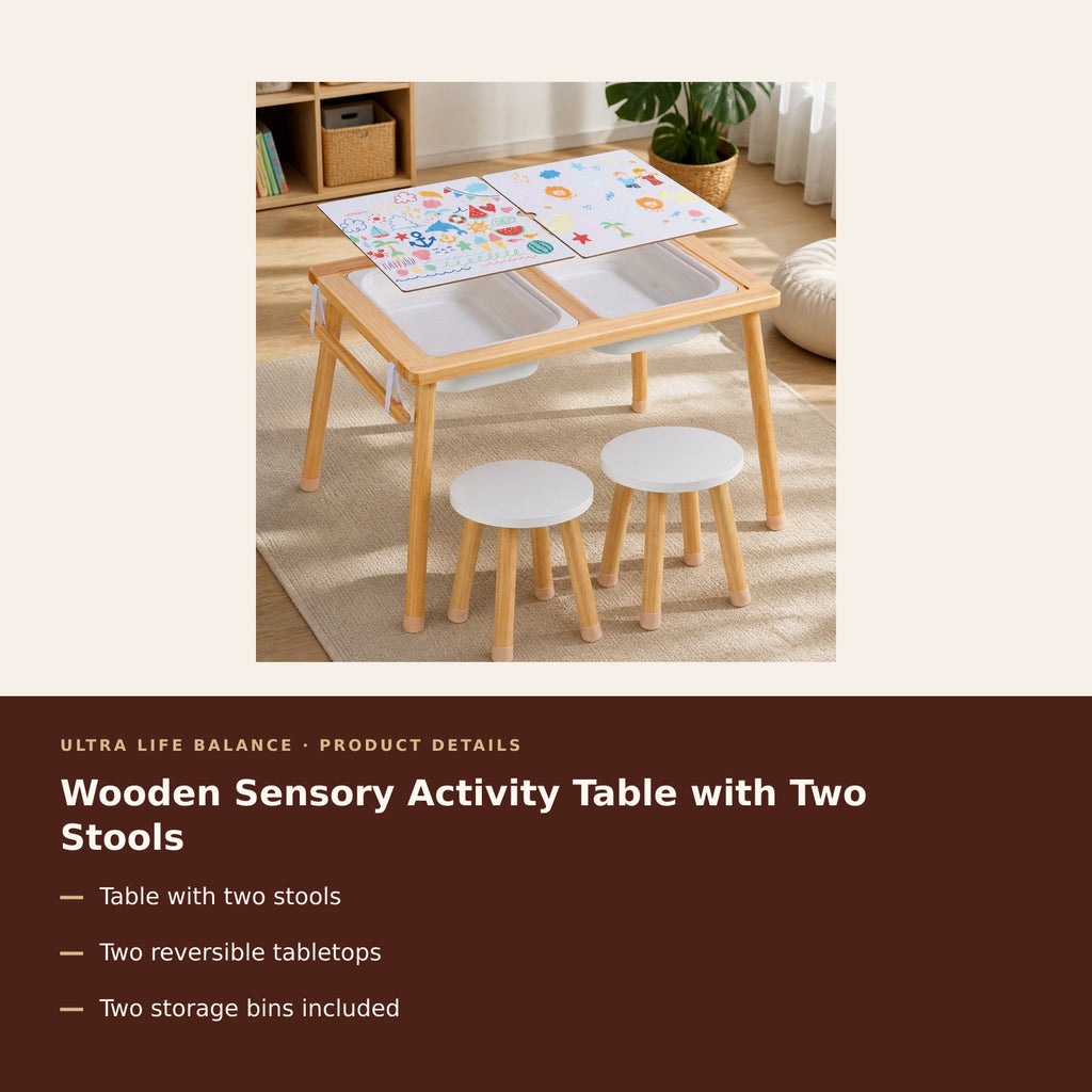 Wooden Sensory Activity Table with Two Stools product details