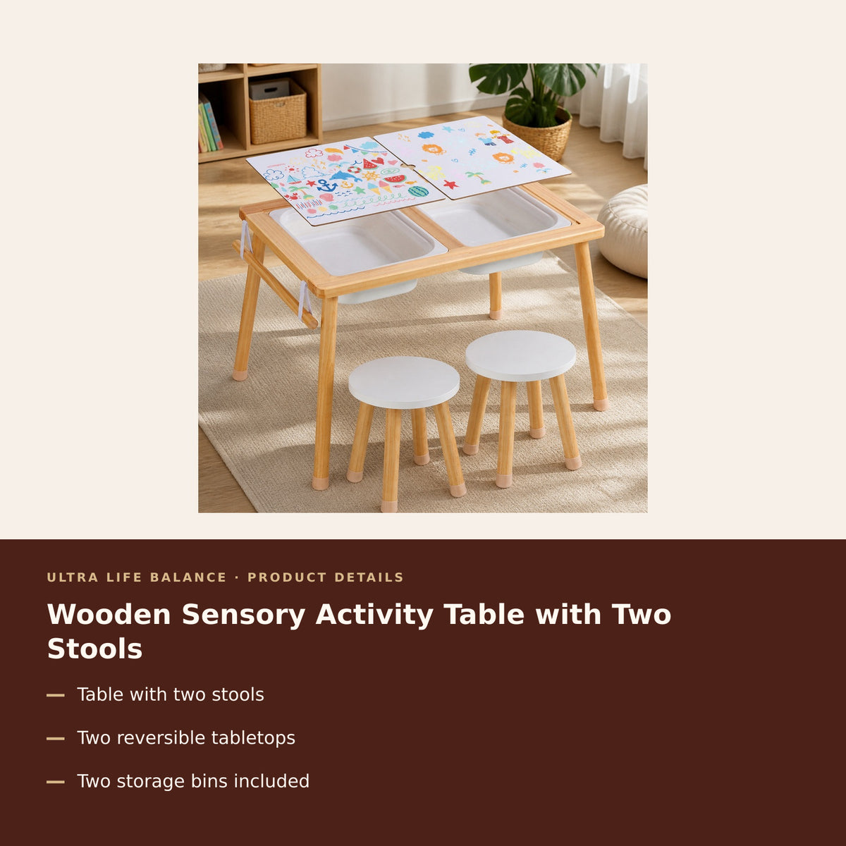 Wooden Sensory Activity Table with Two Stools product details