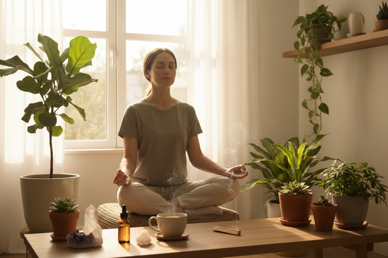 A woman meditates cross-legged on a cushion in a bright, sunlit room with plants, a wooden shelf, and a coffee table holding a mug, diffuser, and small bottles.